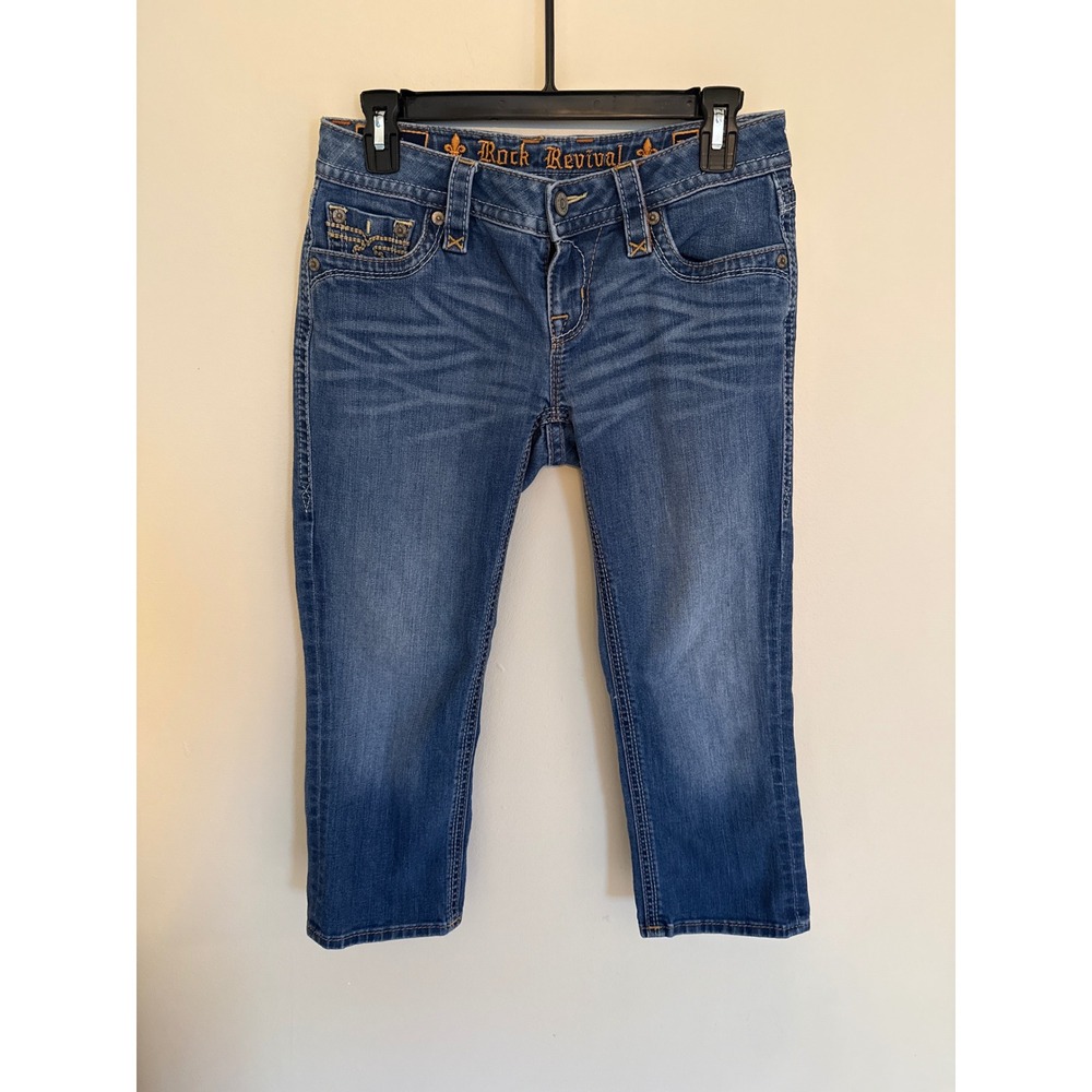 Rock Revival Jessica Capri Jeans Med Wash Embroidered Flap Pocket 27 YJ1025P401
